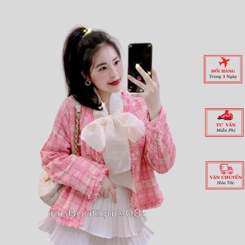 Áo dạ tweed hồng cúc ngọc ulzzang Hàn Quốc cao cấp thời trang yolo fashion