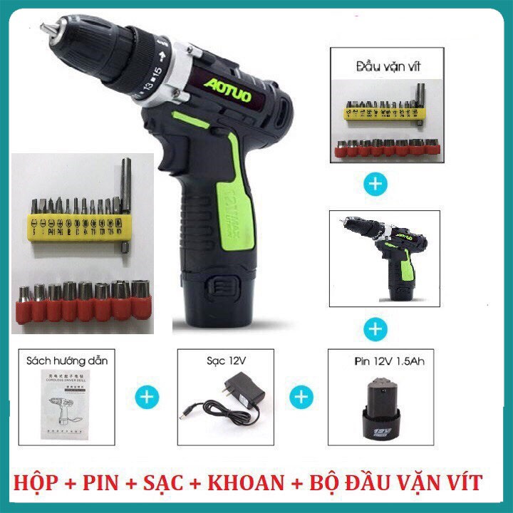 máy khoan Aotuo cầm tay vặn vít có đảo chiều - 2 Pin tặng kèm 20 mũi vít