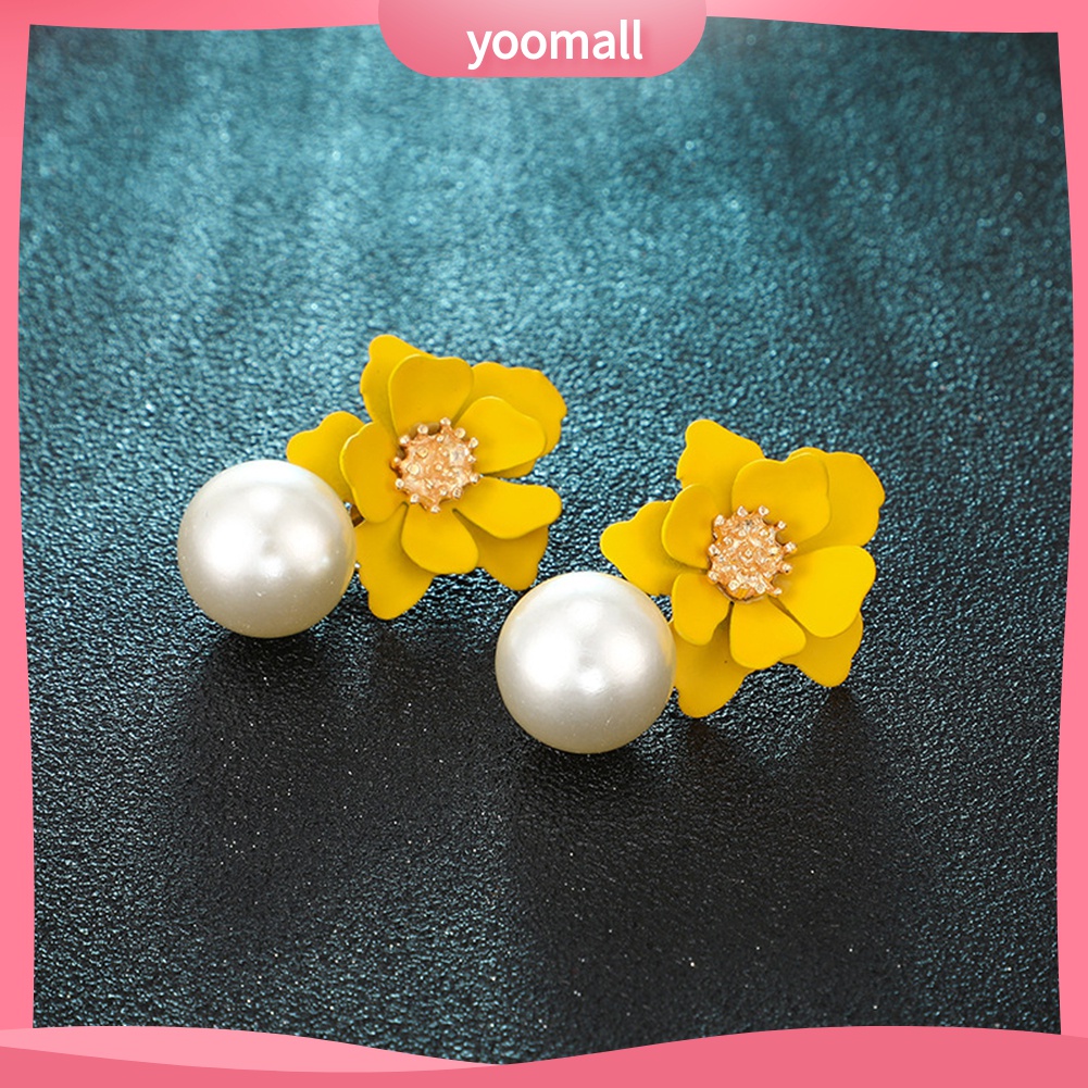 Yomall♡ Đôi Bông Tai Mặt Hoa Đính Ngọc Trai Nhân Tạo Thời Trang