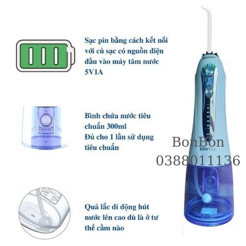 Máy tăm nước cầm tay vệ sinh răng miệng h2ofloss HF9P chất liệu cao cấp 5 chế độ Tặng túi vải đựng máy