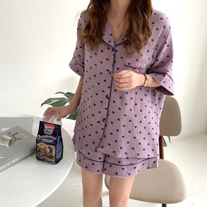 Bộ Đồ Ngủ Tay Dài Chất Cotton Mỏng Nhẹ In Họa Tiết Trái Tim Thời Trang Xuân Thu Xinh Xắn Cho Nữ