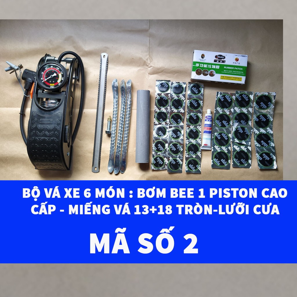 [Bơm Chân BEE Đen 1 Piston] Bộ Vá 6 Món Ruột Xe Máy Và Xe Đạp Bơm Đạp Chân 1 Piston Cao Cấp + Lưỡi Cưa