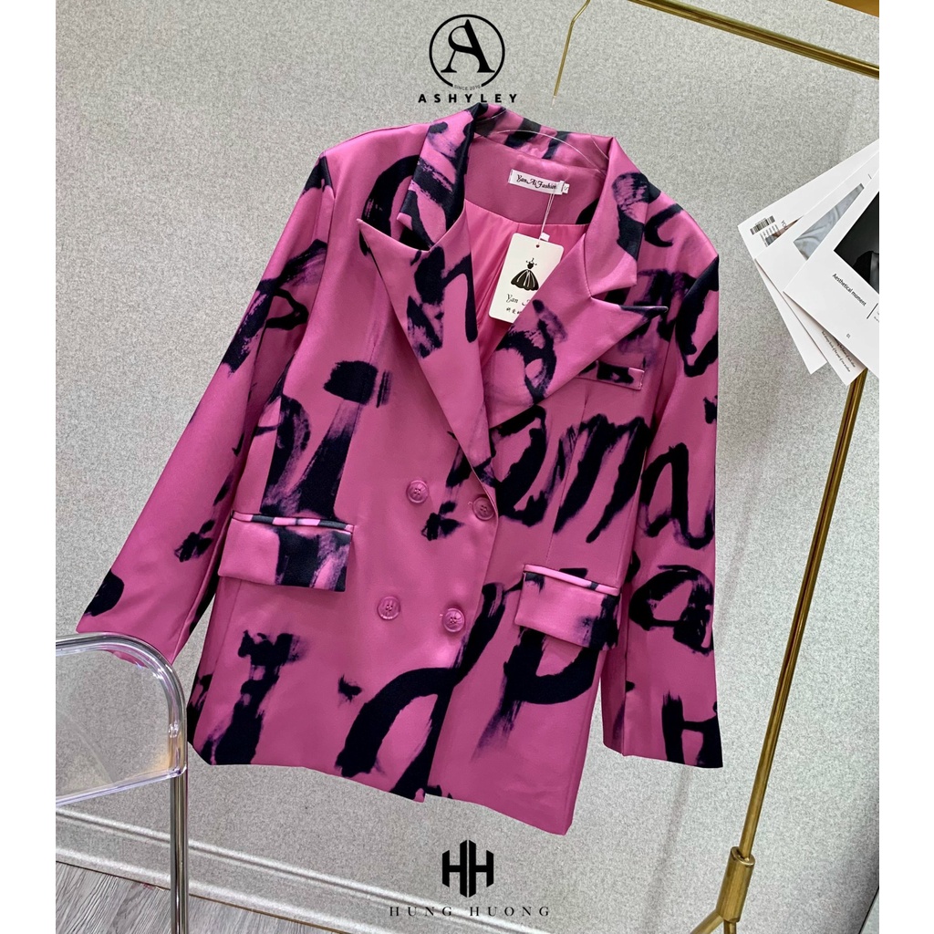 ÁO BLAZER HỒNG CHỮ ĐEN CAO CẤP