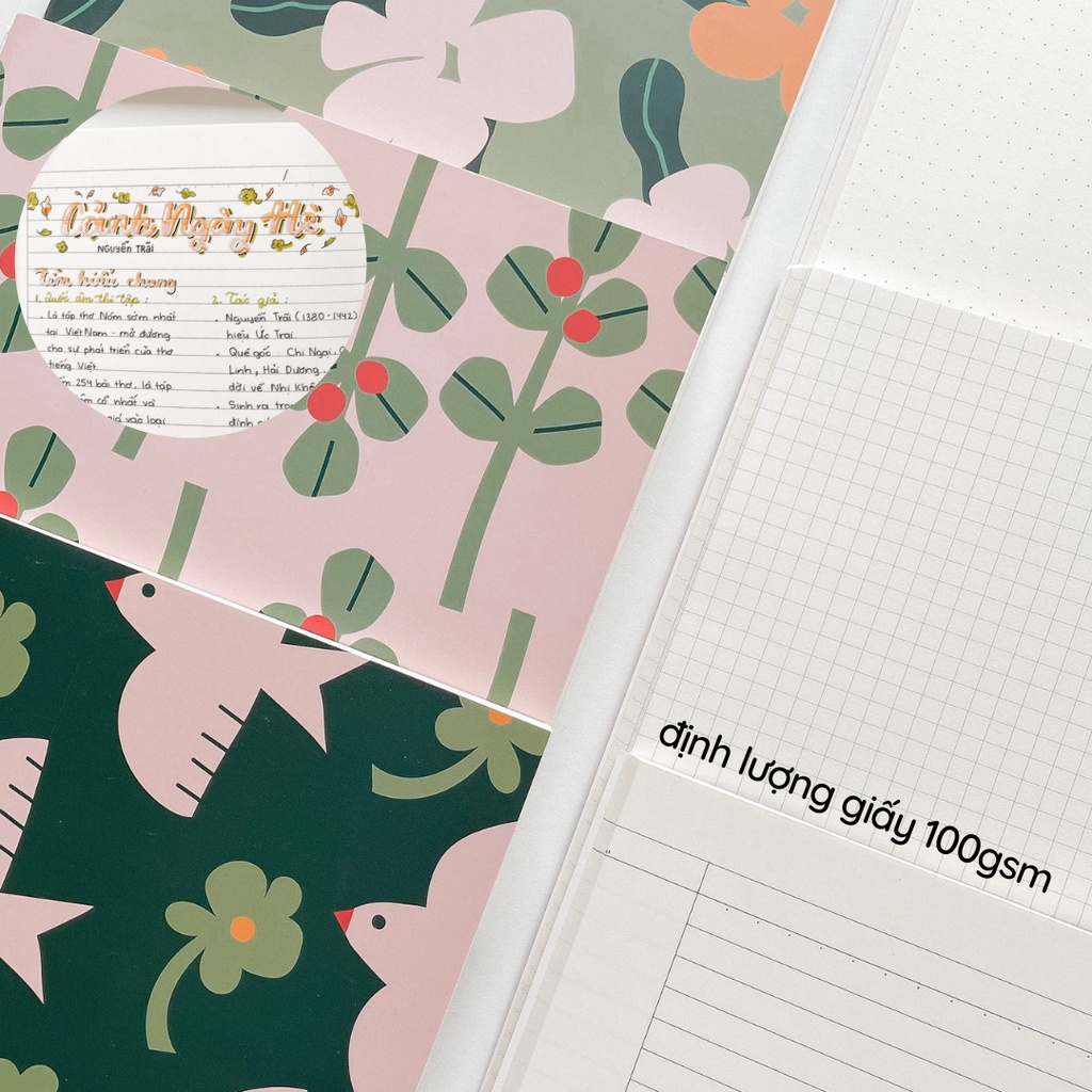 Vở 100gsm may gáy grid ô vuông 80trang Crabit - Green bird Lá