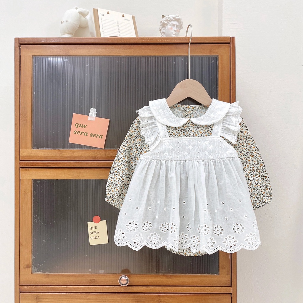 Áo liền quần cotton dài tay họa tiết hoa phong cách công chúa dễ thương dành cho bé gái