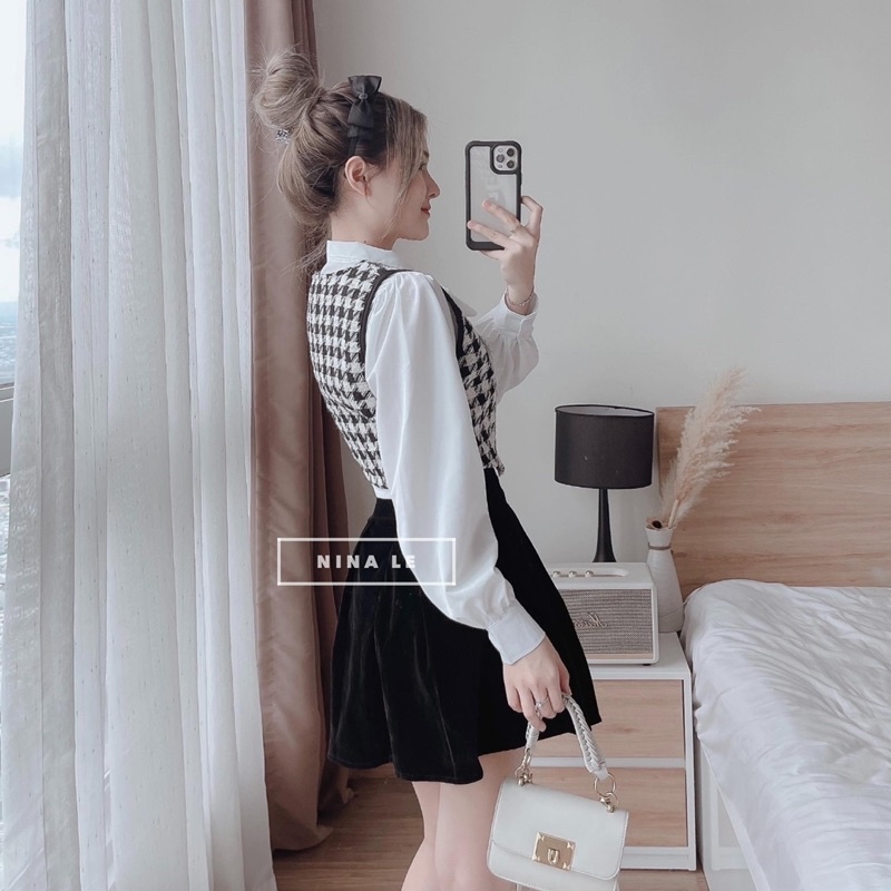 Set áo gile( 2lớp) phối sơ mi kèm chân váy