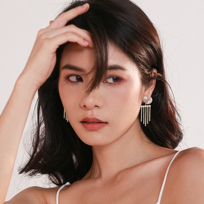 Bông Tai Bạc 925 Đính Hạt Ngọc Trai Và Kim Cương Tua Rua Phong Cách Hàn Quốc Mới Cho Nữ