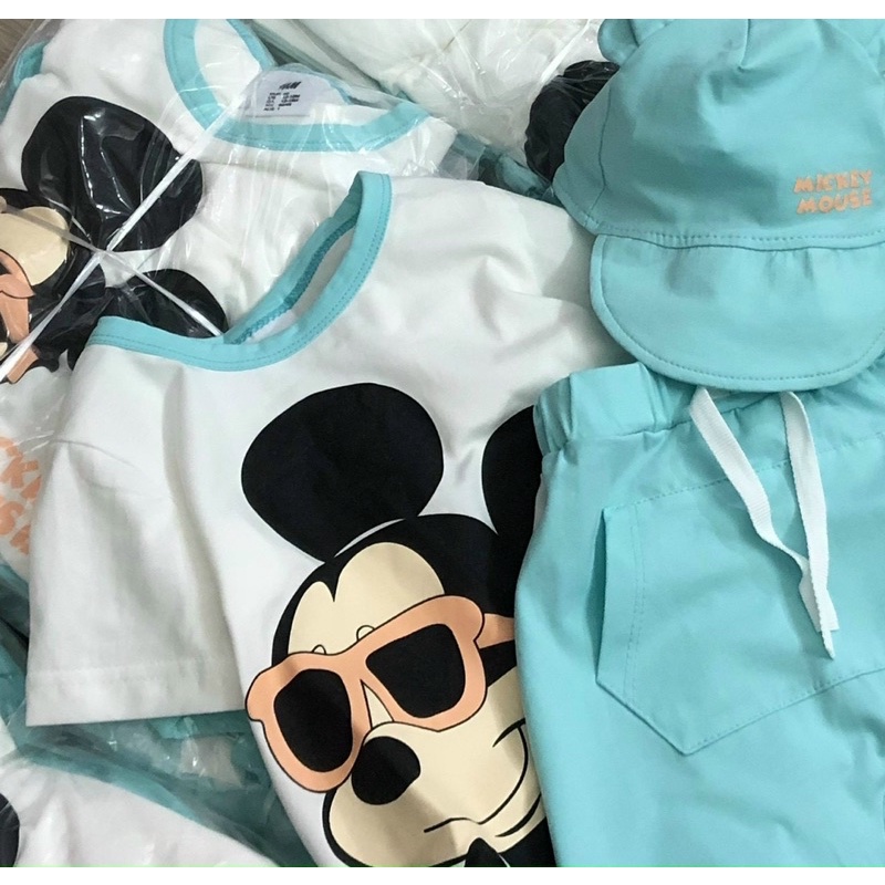 Set 3 chi tiết kèm mũ Mickey xanh cho bé trai size từ 10-22 cân