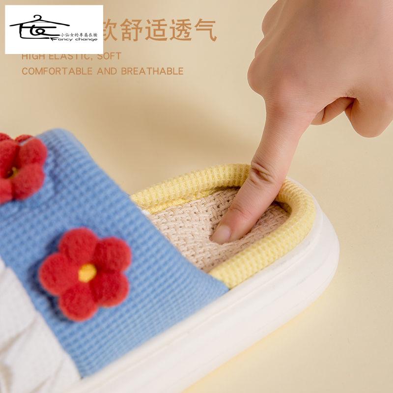 Dép Cotton Lanh Mùa Hè Đế Dày Họa Tiết Dễ Thương Cho Nữ