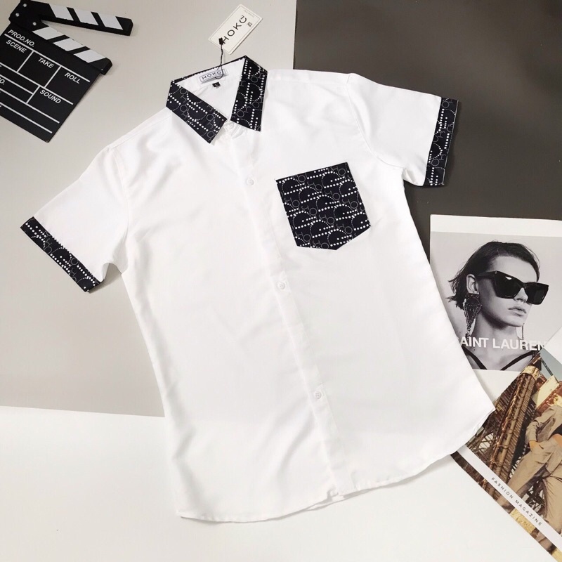 Áo sơ mi nam tay ngắn có cổ phối in chữ form ôm dáng chất liệu cotton lụa thoáng mát