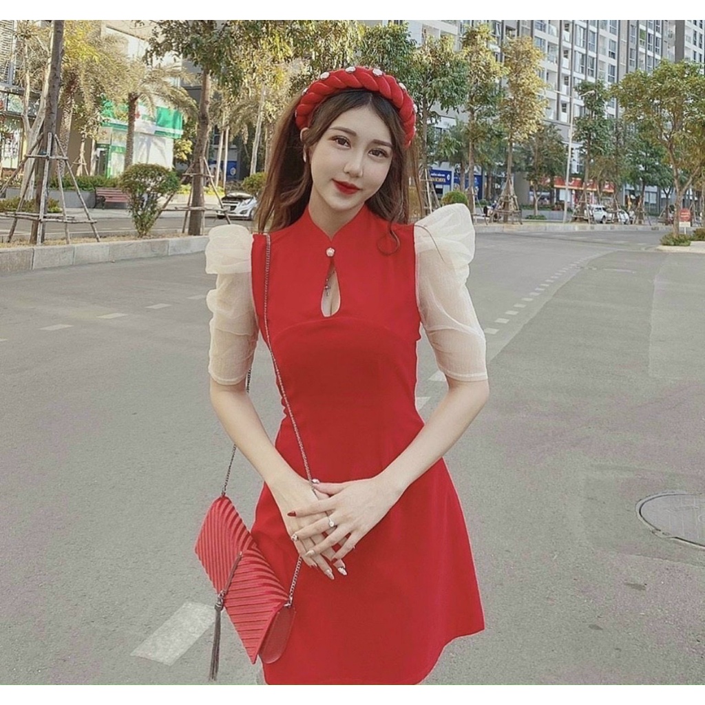 Váy tết đầm tết màu đỏ cổ tàu tay bồng phối lưới chất tuyết mưa thời trang mùa xuân | BigBuy360 - bigbuy360.vn