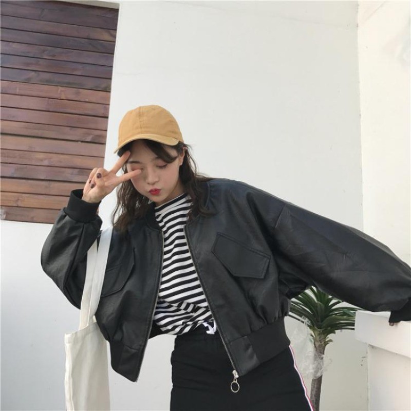 [Sẵn] Áo khoác bomber jacket dáng ngắn da PU đen form rộng oversize (ảnh thật) | BigBuy360 - bigbuy360.vn