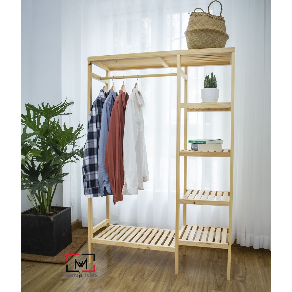 Tủ treo quần áo liền kệ 5 tầng hàn quốc màu gỗ thương hiệu MW FURNITURE - Double hanger size 97x35x143 cm