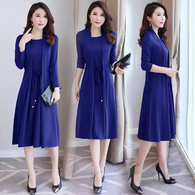 EV■Thời trang trung niên☜Váy nữ dài tay giả hai mảnh cỡ lớn xuân thu mẫu mới 2021