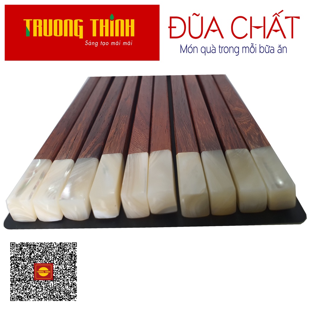 Đũa Gỗ Cẩm Lai Đầu Gắn Ngọc Trắng Liền Khối Cao Cấp - Hộp Màu Đen - 10 Đôi Vuông