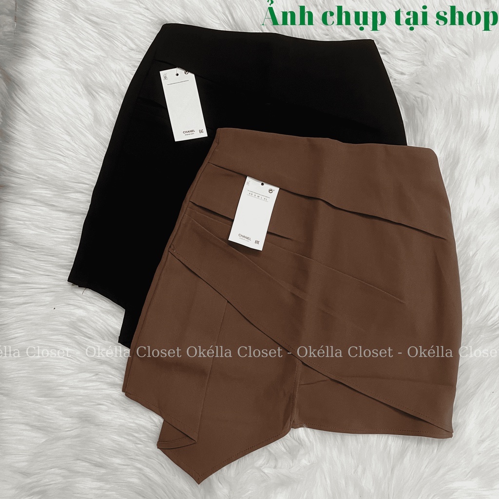 Chân váy A cách điệu vạt chéo bên hông, chân váy nữ dáng ngắn cạp cao 2 màu nâu đen Okella CV009 (có ảnh thật)