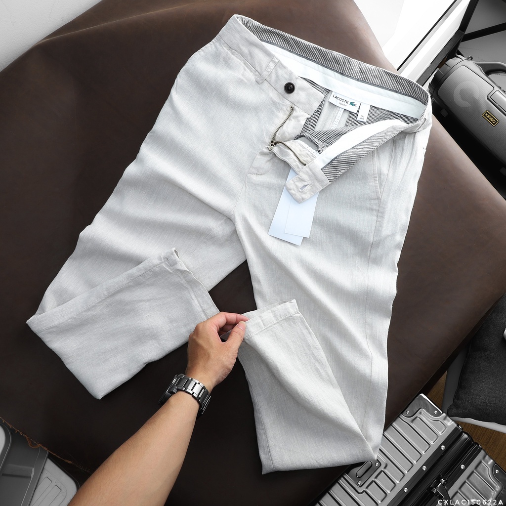 Quần Dài Tây Âu Nam LACOSTE MÀU TRẮNG LINEN Chất Đũi Mềm Mát Dài Dáng Công Sở, Chống Nhăn, Chống Xù Cực Sang
