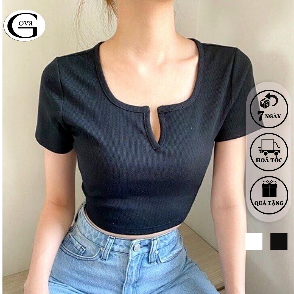 Áo Croptop CỔ KHOÉT CHỮ V TAY NGẮN Thun Cotton Kiểu Sexy Nữ, Áo Thun Ôm Body Đẹp GOVA