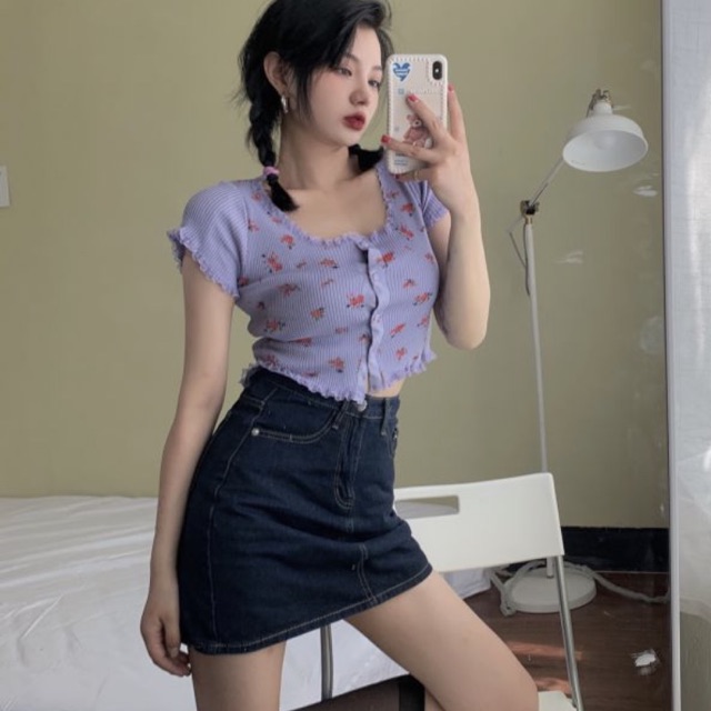 Áo croptop len hoa nhí cúc ngực viền ren tay 3782-2 Ulzzang style  Hàng Quảng Châu