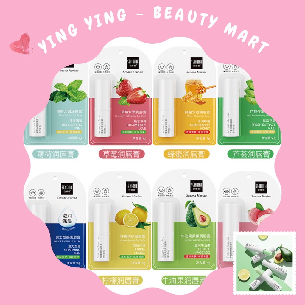 SON DƯỠNG MÔI Senana chiết xuất bạc hà/chanh/dâu tây/nha đam/matcha/giàu dừa/hoa cúc/đào/mật ong