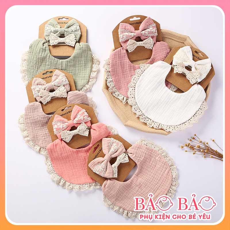 Set yếm đeo cổ tròn vải muslin cao cấp kèm băng đô / turban nơ tiểu thư phong cách vintage quà tặng cho