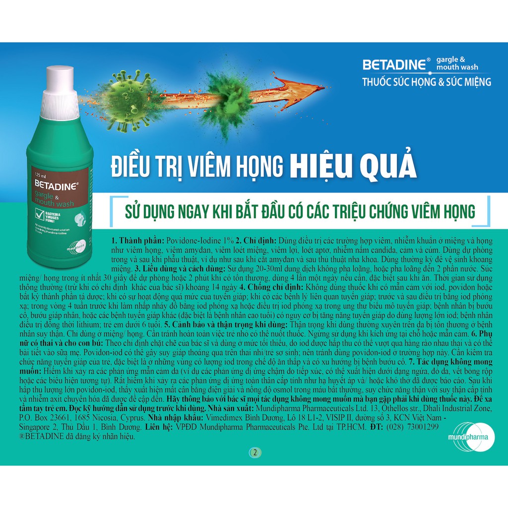 BETADINE Gargle &amp; Mouth Wash 125ml Nước súc họng vệ sinh khoang miệng