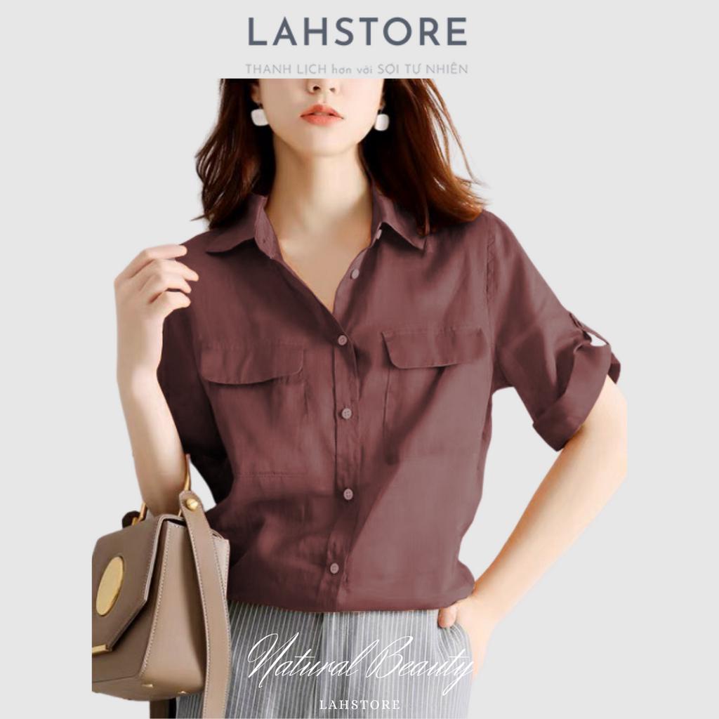 Áo sơ mi nữ tay lỡ LAHSTORE linen tưng Hàn dày dặn, cổ đức, 2 túi hộp ASL15