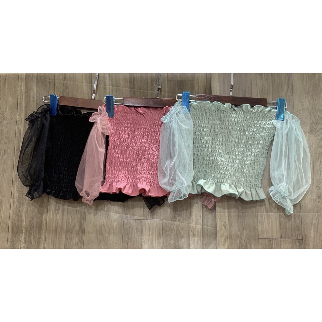 Áo xinh dáng croptop nhún phối tay kiếng