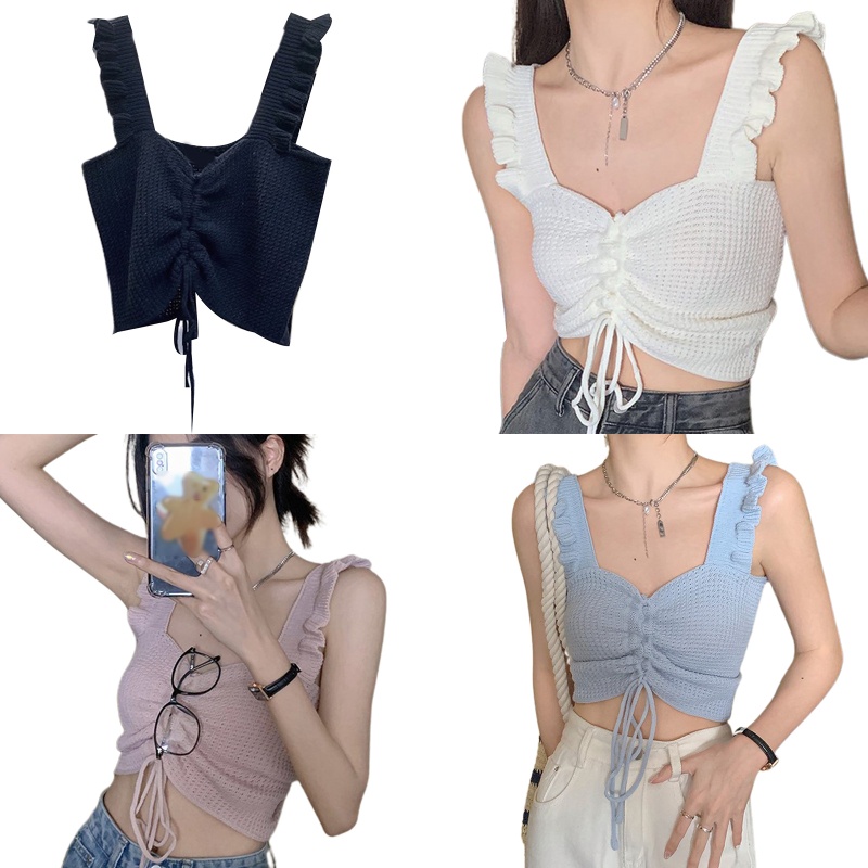 Áo Croptop Dệt Kim Sát Nách Cổ Chữ V Dáng Ôm Phối Dây Rút Thời Trang Mùa Hè Quyến Rũ Cho Nữ