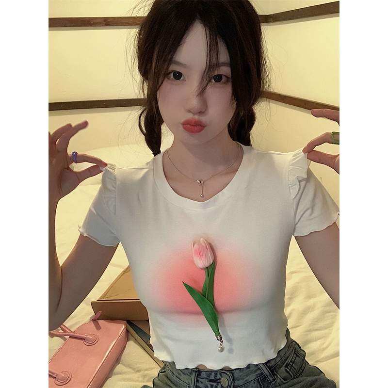 Áo thun IELGY tay ngắn dáng rộng in hình hoa tulip phong cách hàn quốc thời trang mùa hè cho nữ