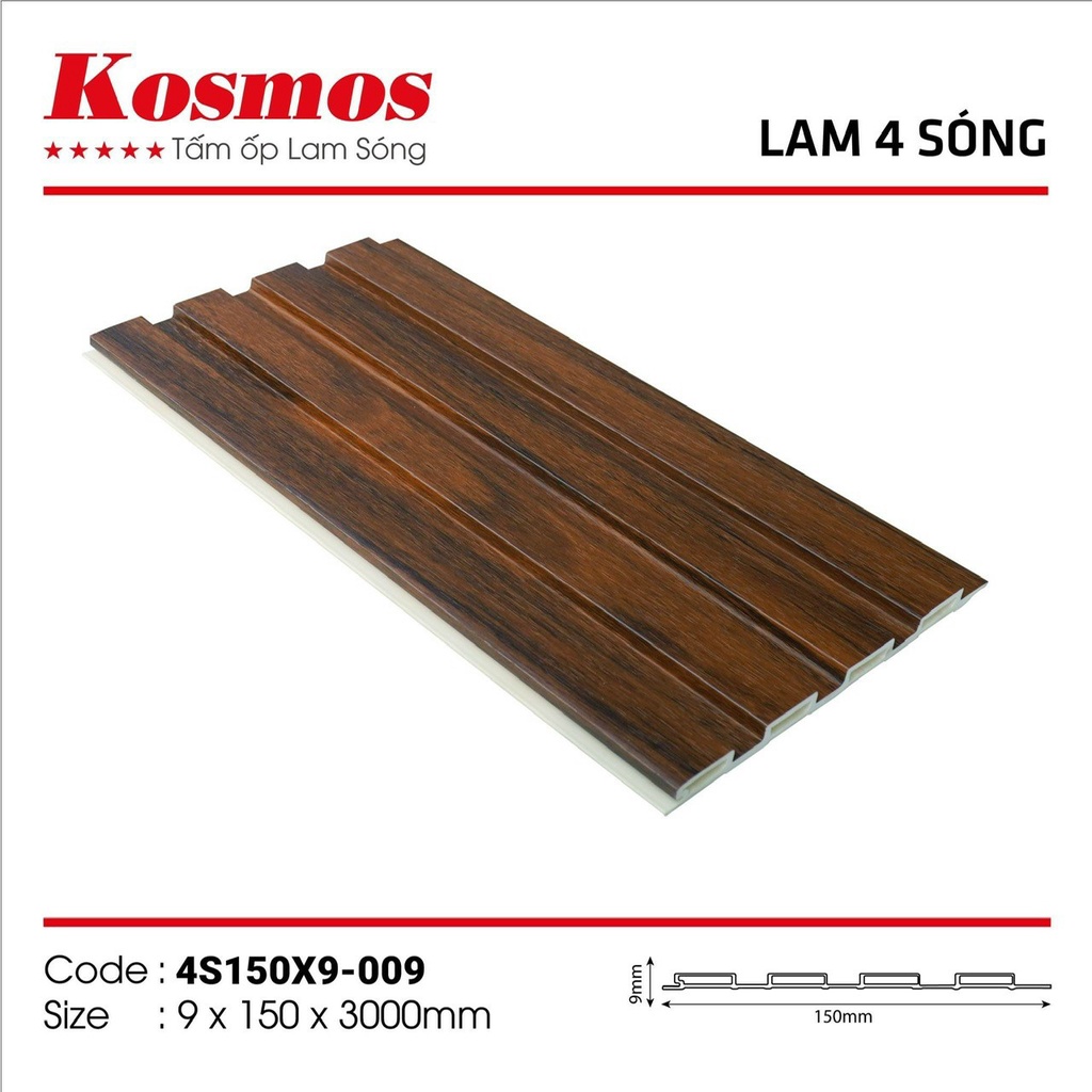 Lam 4 sóng nhỏ Kosmos, lam sóng trong nhà nhựa nguyên sinh PVC, kt 150x9x3000mm