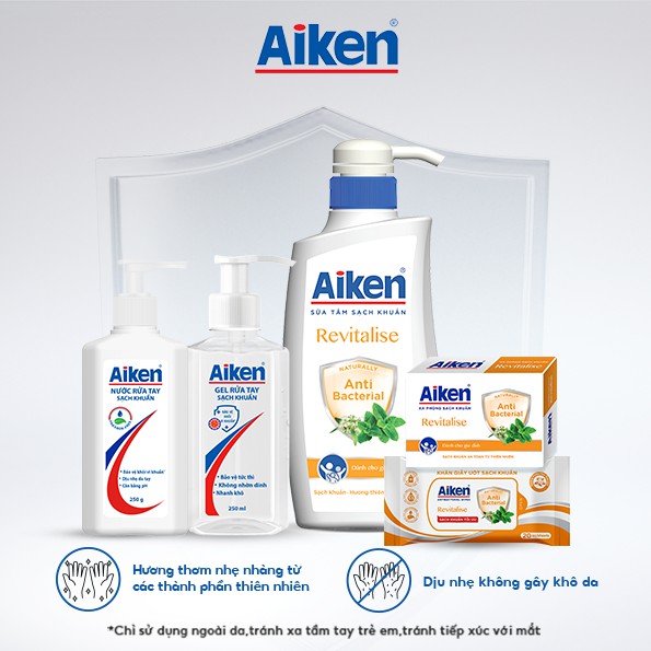 Trọn bộ Sạch Khuẩn Bạc hà Aiken : Gel rửa tay 250ml, Nước rửa tay 250g, Sữa tắm 350g, Xà phòng 90