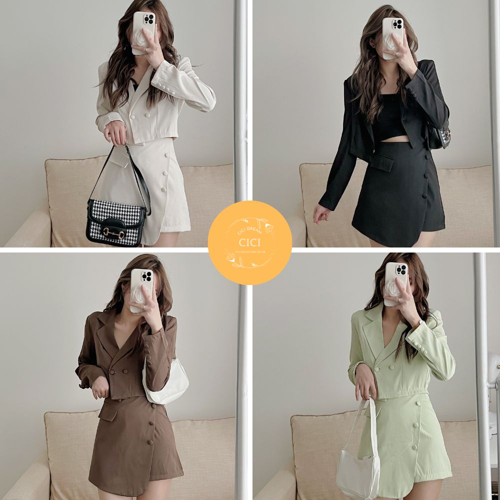 Set quần giả váy phối vs áo balzer dài tay dáng croptop