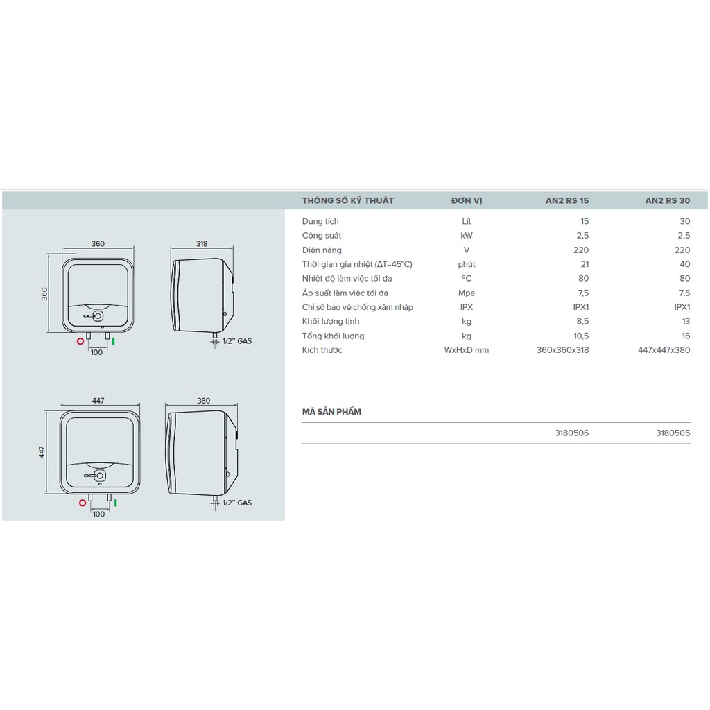 Bình nước nóng Ariston Andris2 RS 15 lít AN2 15RS