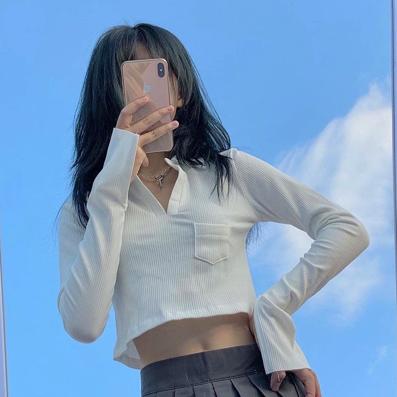 Áo croptop polo túi ngực chât liệu vải tăm gân size s m mặc hè thu-Halinh-Shop