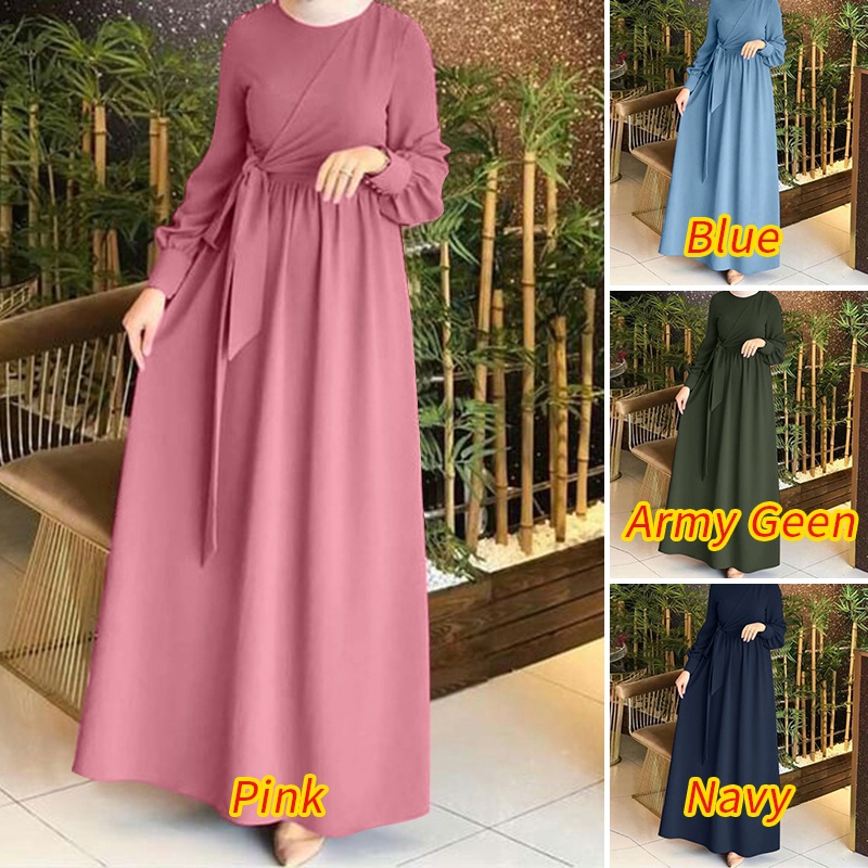 Zanzea Đầm Dài Màu Trơn Xếp Ly Cài Nút Thắt Lưng Tháo Được Thanh Lịch Cho Phụ Nữ Hồi Giáo