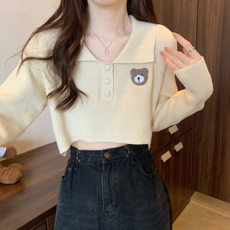 Áo sweater Tay Phồng Cổ Bẻ Thêu Hình Gấu Dễ Thương Phong Cách Hàn Quốc Thời Trang Mùa Thu
