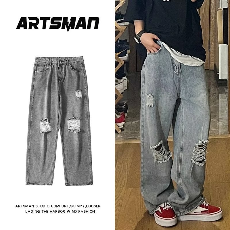 Quần jeans Rách Dáng Rộng Thời Trang Hàn Quốc Dành Cho Nam Giới Size S-3XL