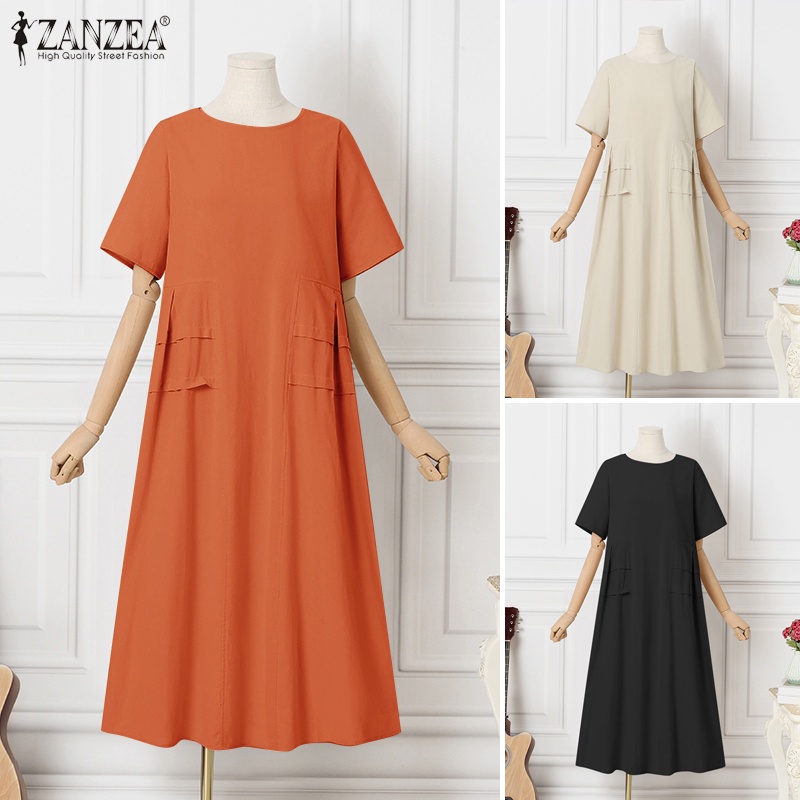 Đầm dài ZANZEA cổ tròn tay ngắn xếp ly thời trang cho nữ