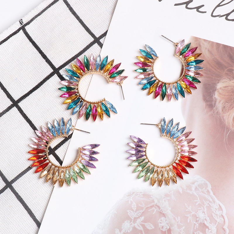 Khuyên tai Pinkdudu PD321 dáng tròn lớn đính đá pha lê nhiều màu phong cách bohemia thời trang cho nữ