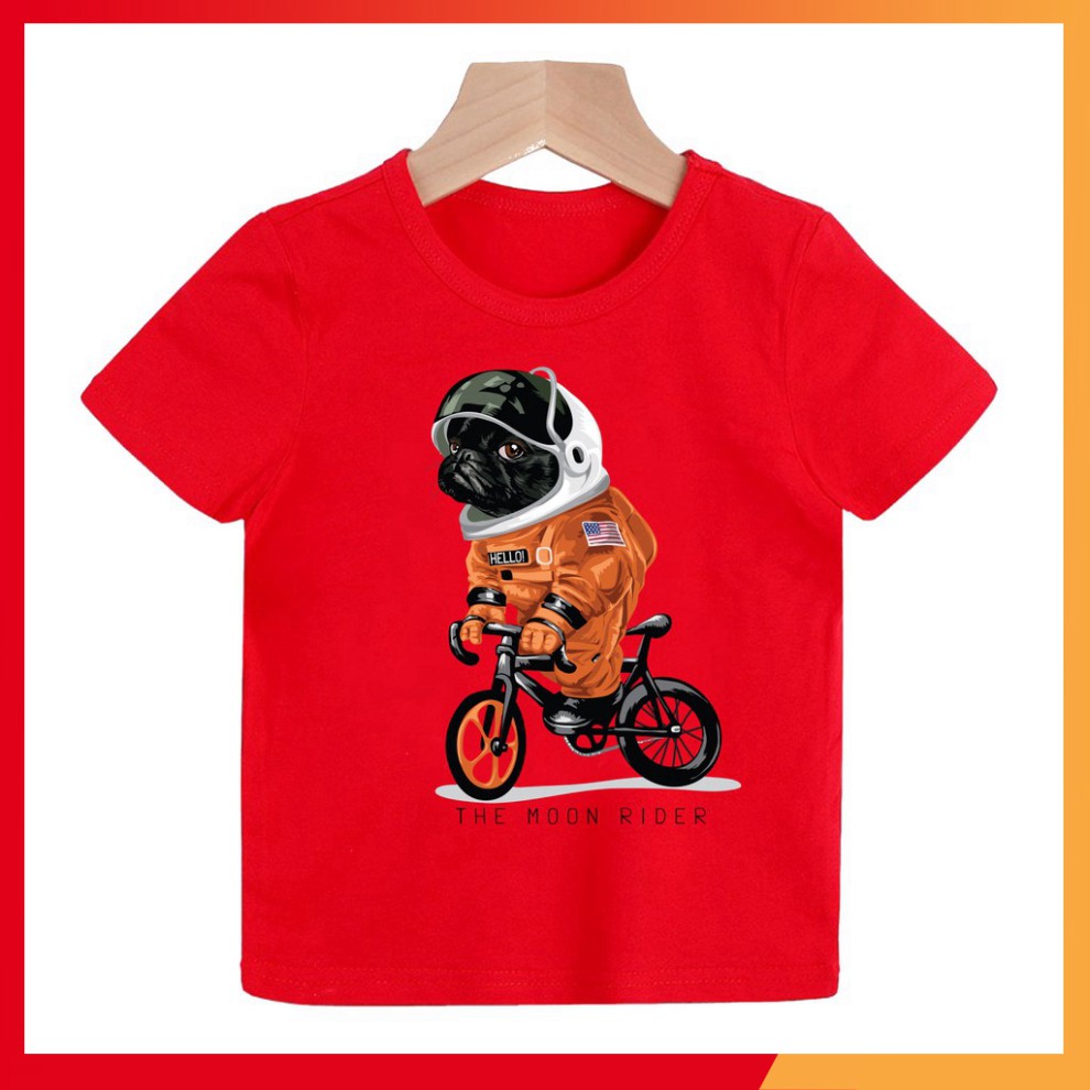 (Càng mua càng giãm) Áo thun cho bé hình chó mặc áo cam chạy xe đạp ( Bé trai và gái).áo cho bé từ 6kg-30kg.AL27.