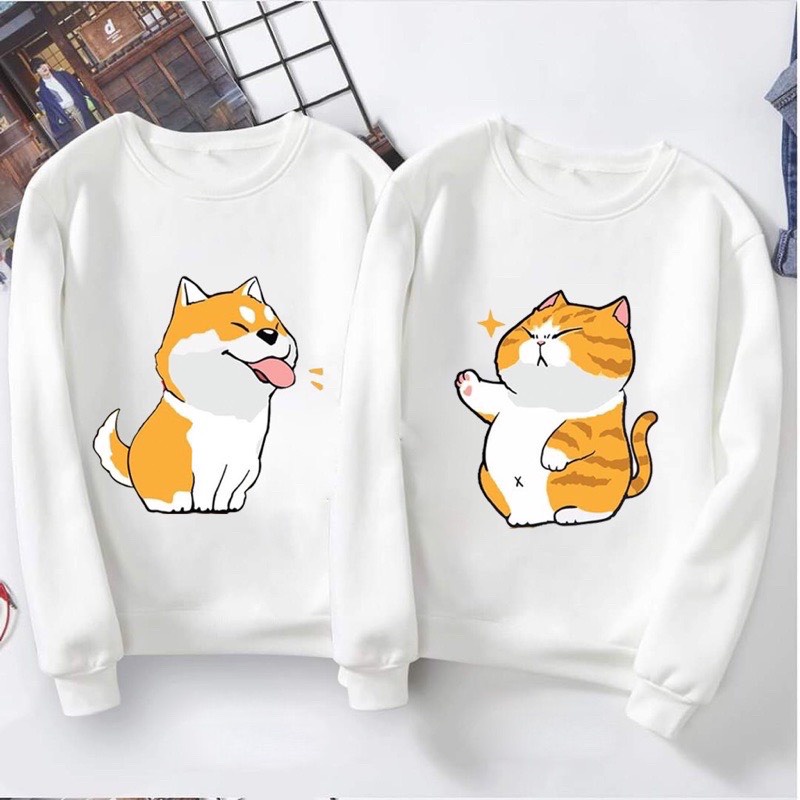Áo Nỉ Cặp Đôi Nam Nữ, Áo Nỉ Thu Đông Cặp In Hình Dễ Thương Không Bong Tróc