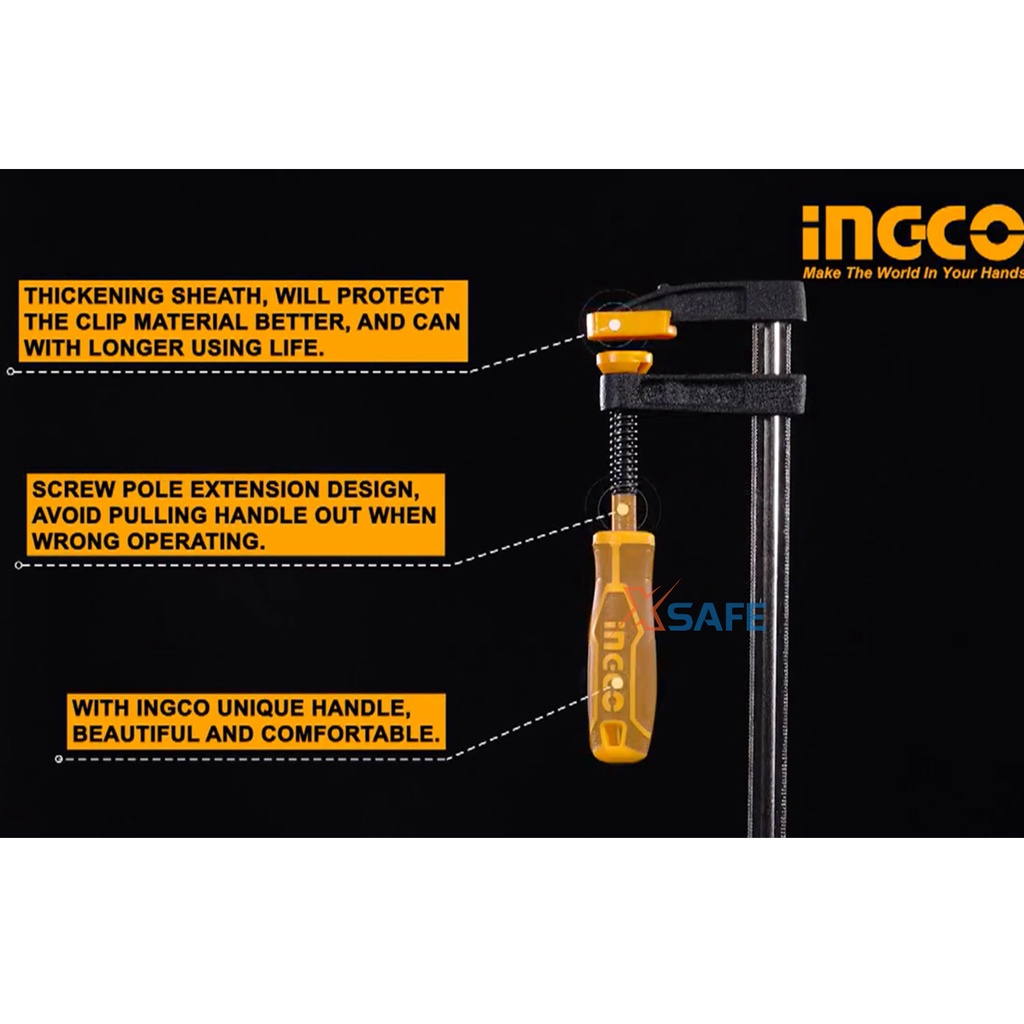 Kẹp gỗ chữ F INGCO thiết kế chắc chắn, dễ dàng xiết hoặc vặn gia công nguyên khối, độ chắc chắn và chịu lực tốt