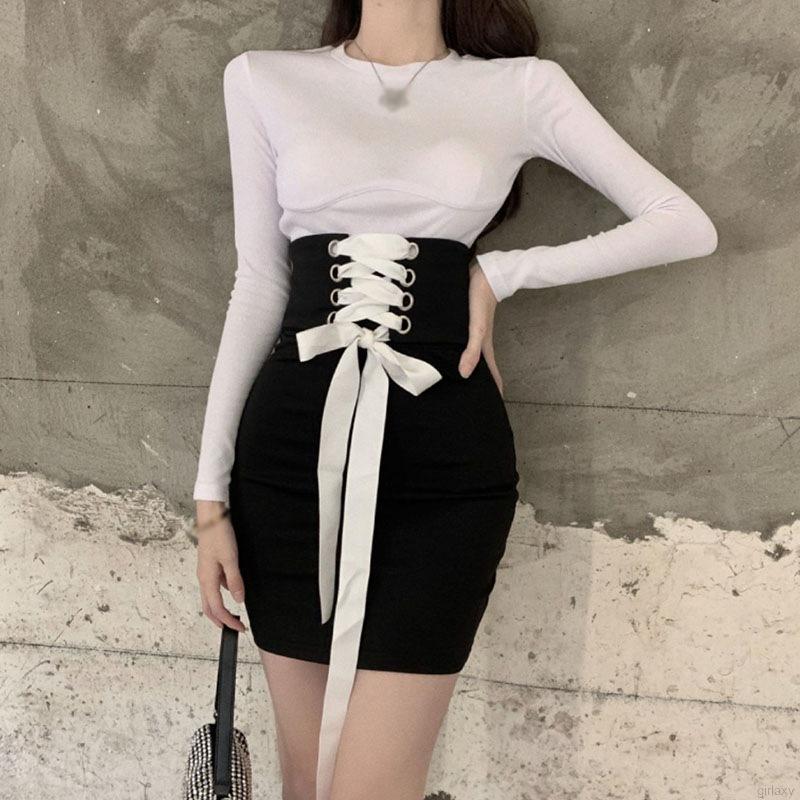 Set áo tay dài cổ tròn và váy bó buộc dây gợi cảm cho nữ