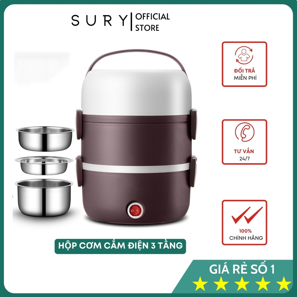 Hôp Cơm Cắm Điện ⭐️FREESHIP⭐️ Hộp Cơm Hâm Nóng 3 Tầng Cắm Điện Inox, Ủ Thức Ăn Tự Động - Shop Sury