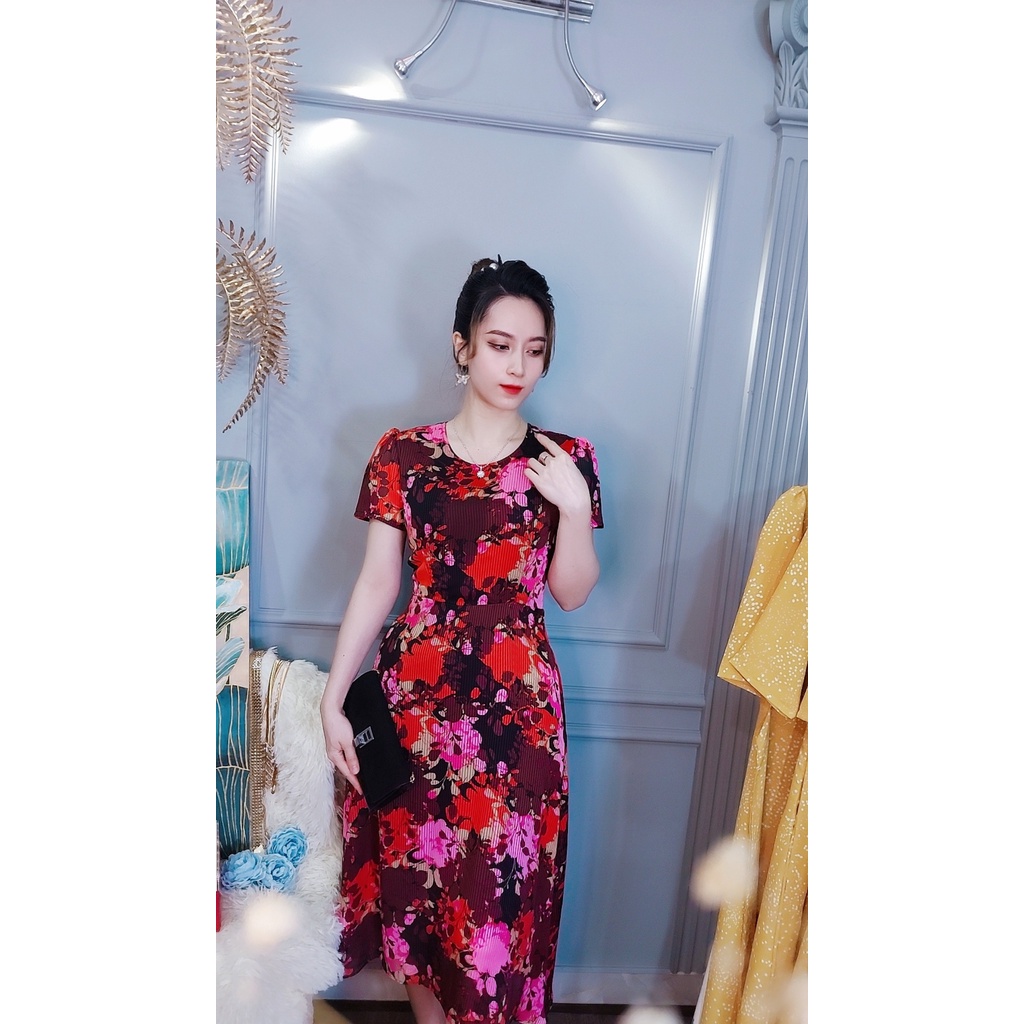 Đầm hoa Da1492 voan kính 2 lớp,, có túi 2 bên