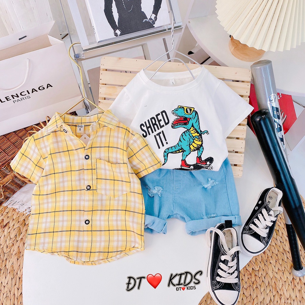 BOT24 - Bộ bé trai, bộ 3 chi tiết, Quần đùi Jean + áo thun cotton + áo sơ mi cộc tay bé trai từ 8-21kg