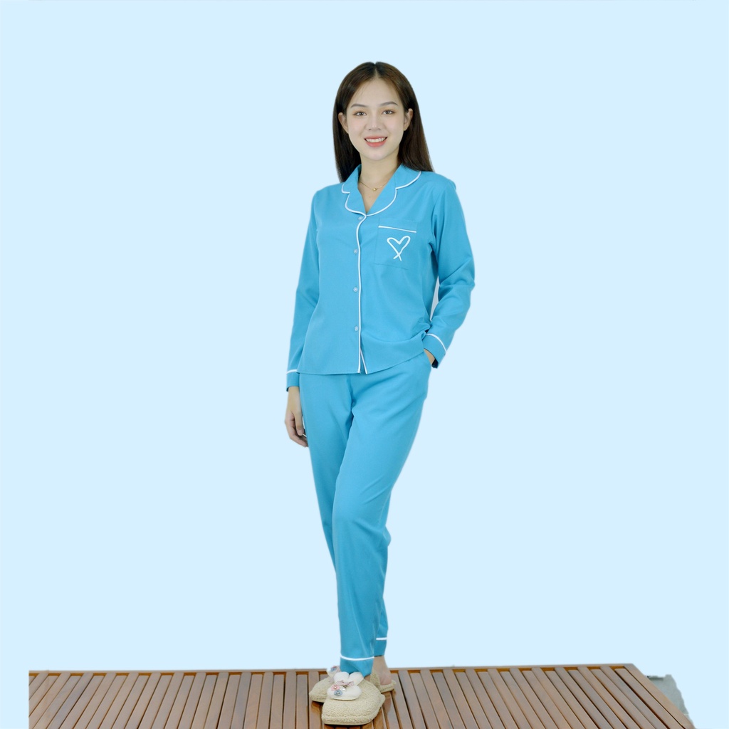Bộ đồ bộ Pijama màu XANH TRÁI TIM TÚI tay dài quần dài lụa cao cấp - Thoải Mái Nhẹ Nhàng