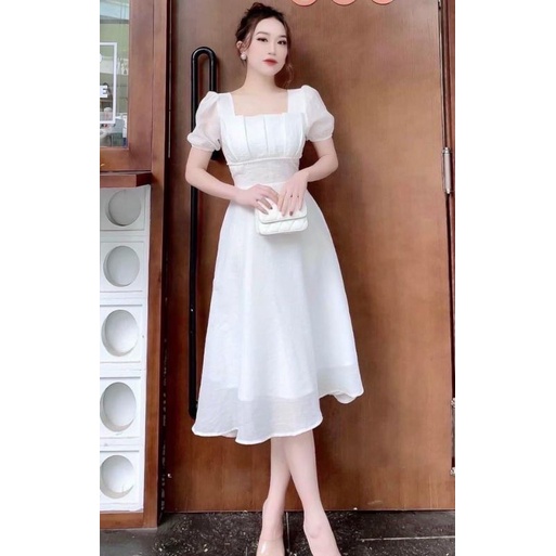 Đầm dự tiệc cổ vuông trắng tay phồng xếp li ngực Kenny Dress