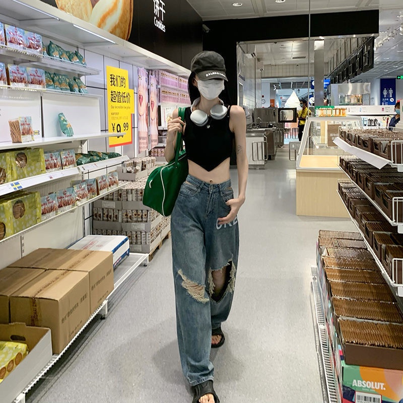 Quần Jeans Nữ Lưng Cao Ống Rộng Rách Gối Thời Trang